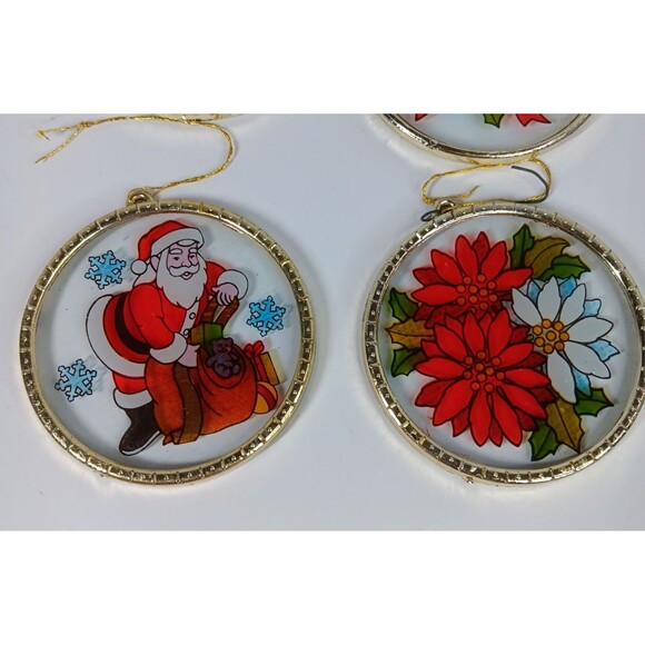 Suncatcher Christmas Ornament Lot Santa Claus Bear Bells Poinsetta Flowers Lot - Picture 3 of 9